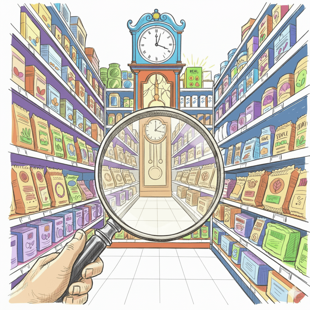 Magnifying glass over a grocery store aisle revealing an old grandfather clock — labeling standards stuck in the past