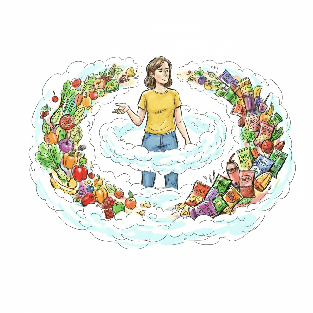 Person surrounded by a wreath of food choices